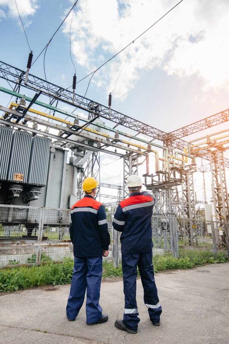 2 electricians stood looking at an electrical substation