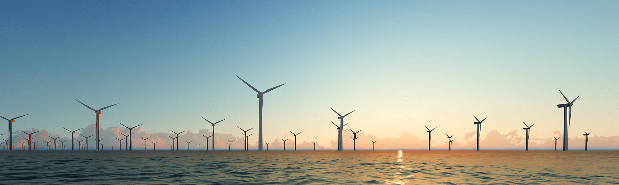 A picture of a wind farm out at sea, sunrise background