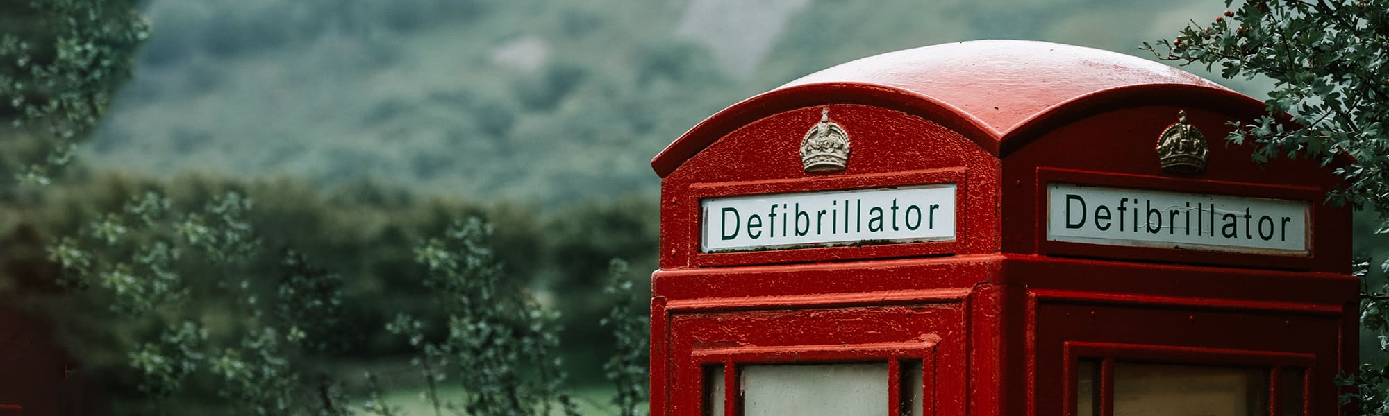 A picture of a telephone box with the word Defibrillator across the top, greenery in the background