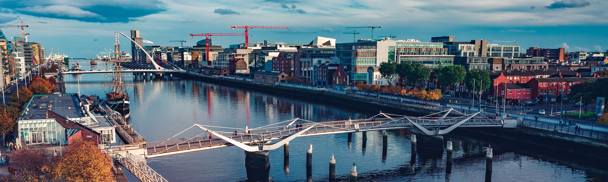 A picture of a river in Ireland, 2 bridges visible