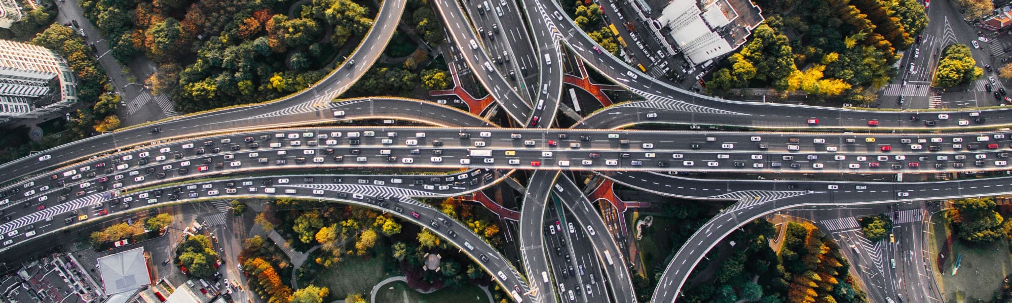 An aerial view of a very busy road intersection
