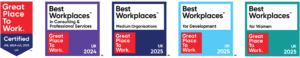 Five Great Place to Work UK award badges for 2024 and 2025.