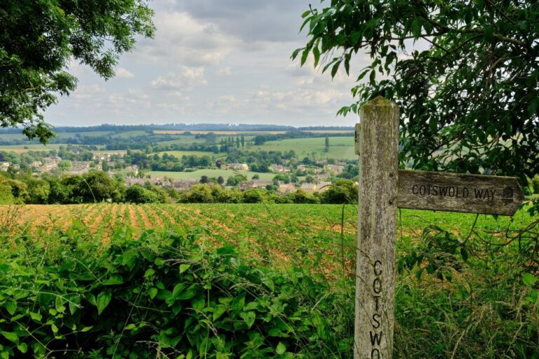 Wooden Cotswold Way signpost overlooks fields and a village across a rolling countryside landscape.