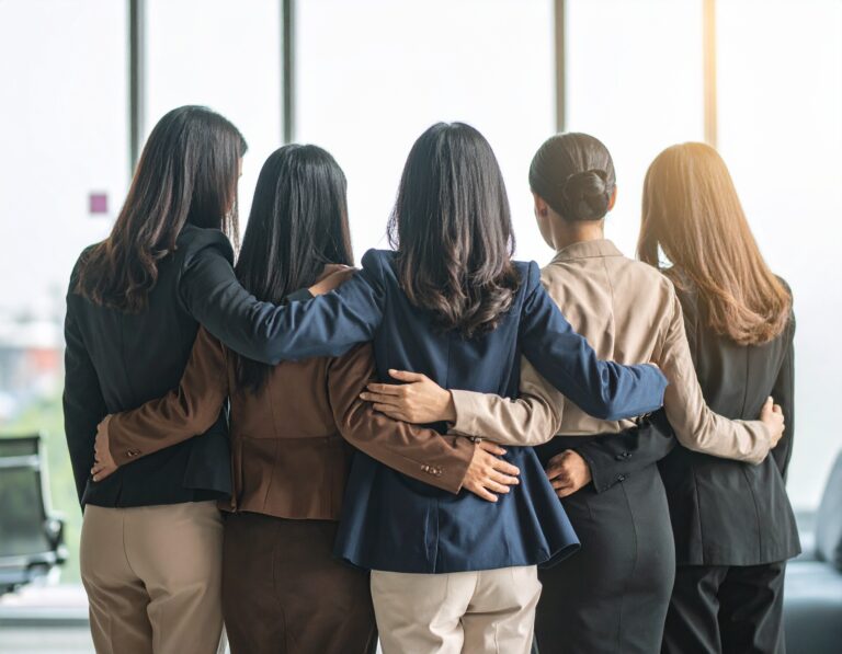 Five women stand together with arms around each other in a modern office setting.