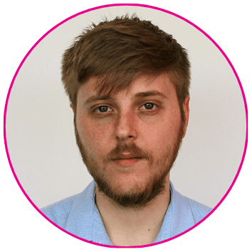 Headshot in a pink circle of Joe Hall
