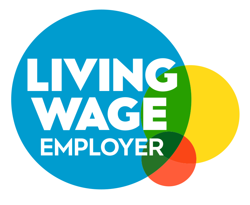 Logo reading Living Wage Employer with overlapping coloured circles on a white background.