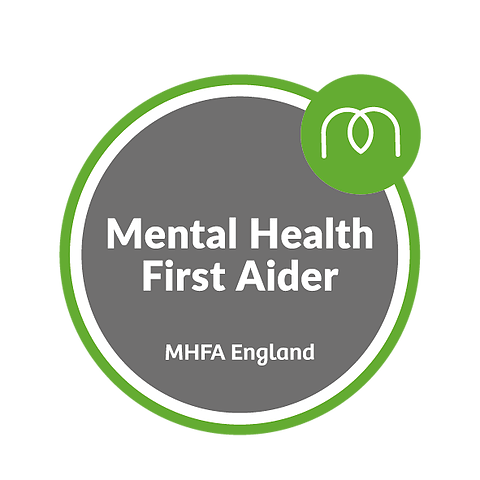 Circular badge reading Mental Health First Aider with MHFA England text and symbol.
