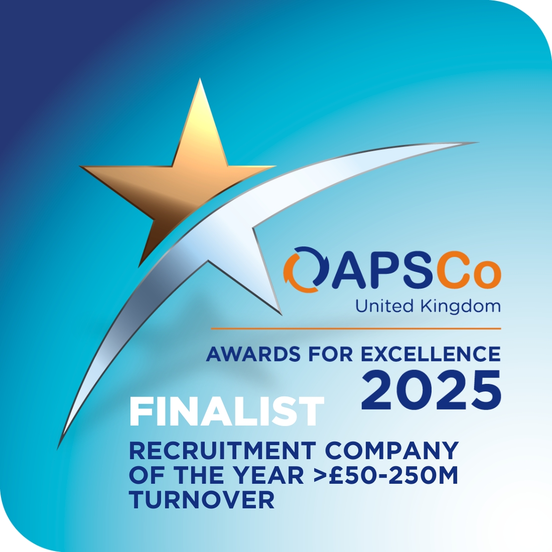 Badge reading APSCo Awards for Excellence 2025 Finalist Recruitment Company of the Year.