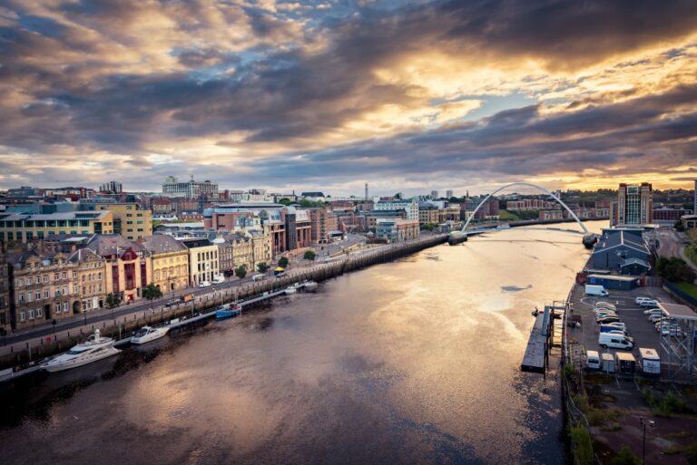 River flows through a city with riverside buildings and a curved bridge under a cloudy sky.