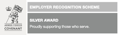 Badge reading Employer Recognition Scheme Silver Award, supporting those who serve.