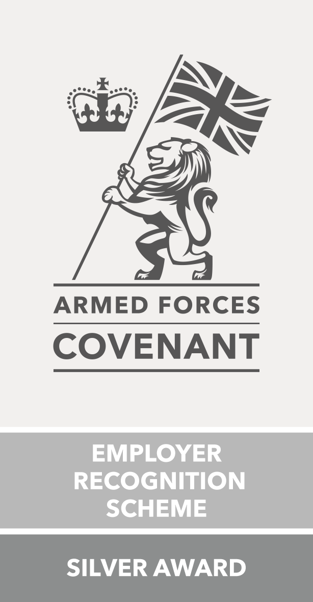 Badge showing Employer Recognition Scheme Silver Award with Armed Forces Covenant text.