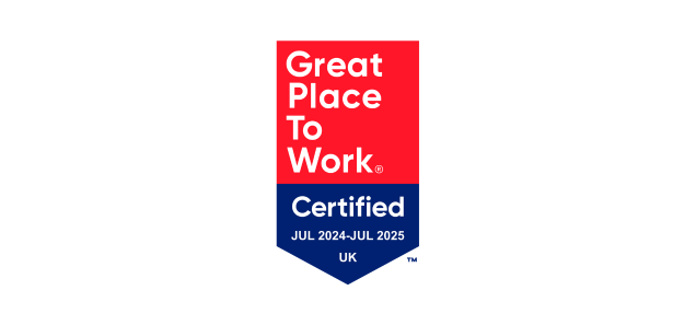 Red and blue badge reading Great Place To Work Certified Jul 2024 to Jul 2025 UK.