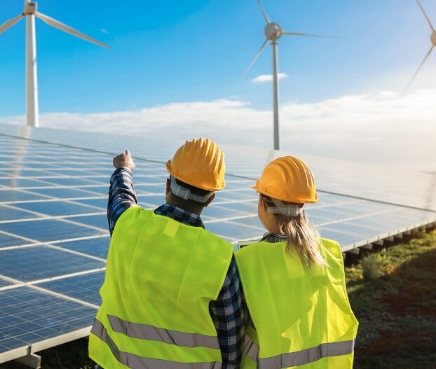Two people in safety helmets and vests stand by solar panels, pointing towards wind turbines.