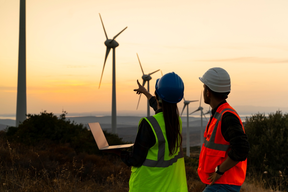 Two people in safety helmets and high-visibility vests stand near wind turbines, looking into the distance.
