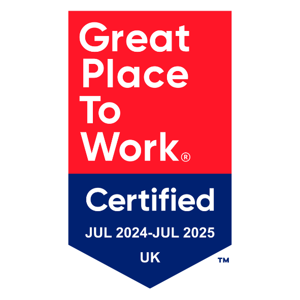 Red and blue badge reading Great Place To Work Certified Jul 2024 to Jul 2025 UK.