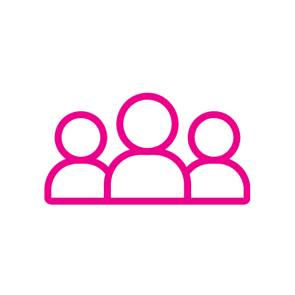 Icon of three person outlines in a pink line style on a black background.