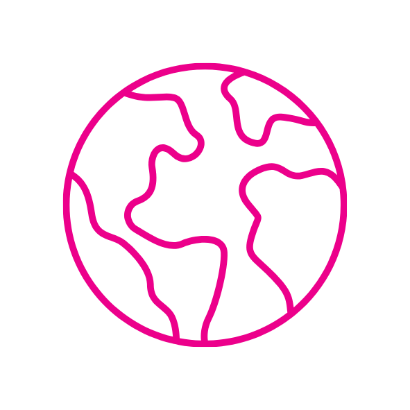Icon of a globe with continent outlines in a pink line style on a black background.