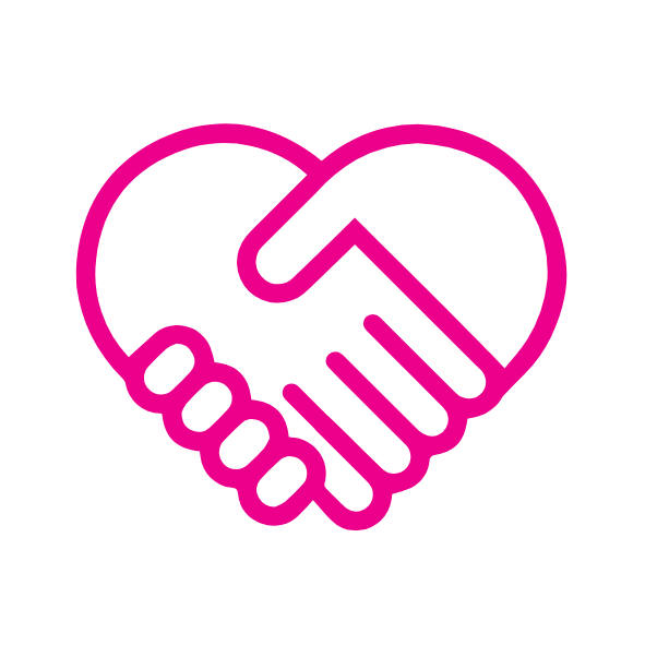 Icon of two hands clasped in a handshake forming a heart shape on a black background.