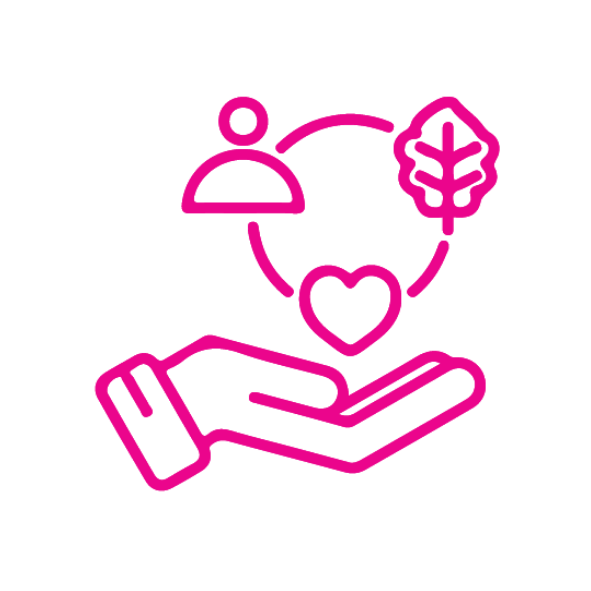 Icon of a hand holding heart, person and leaf symbols connected above.