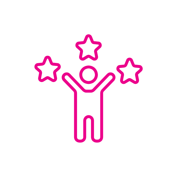 Icon of a person with raised arms and three stars above, representing achievement.