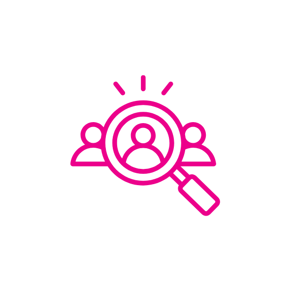 Icon of a person in a magnifying glass with two people behind on a dark background.
