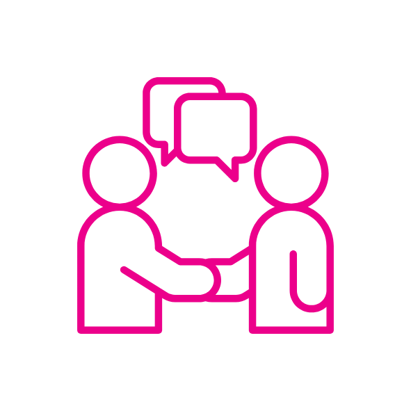 Icon of two people with speech bubbles above, representing discussion or collaboration.