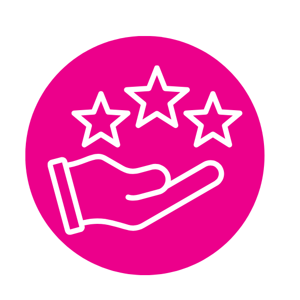 Icon of a hand holding three stars above, representing support and quality.