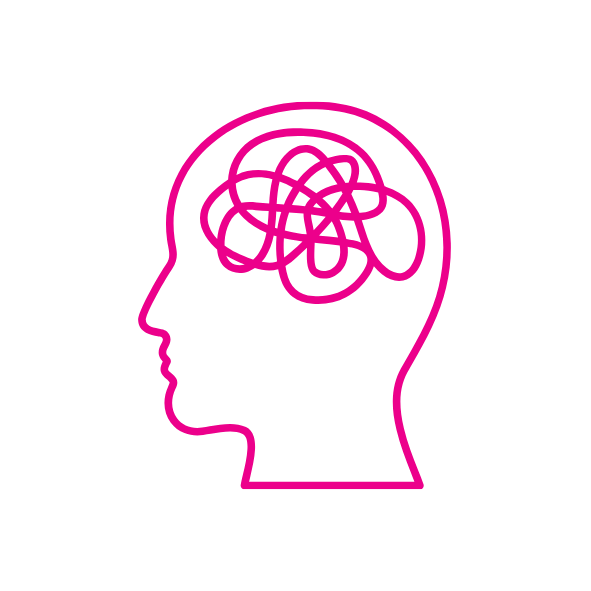 Icon of a head profile with a tangled line inside, representing thoughts or mental health.