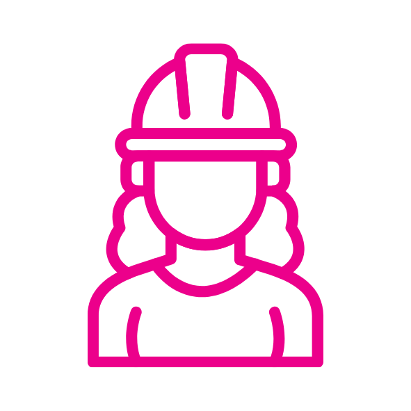 Icon of a female wearing a safety helmet, representing a construction or site worker.