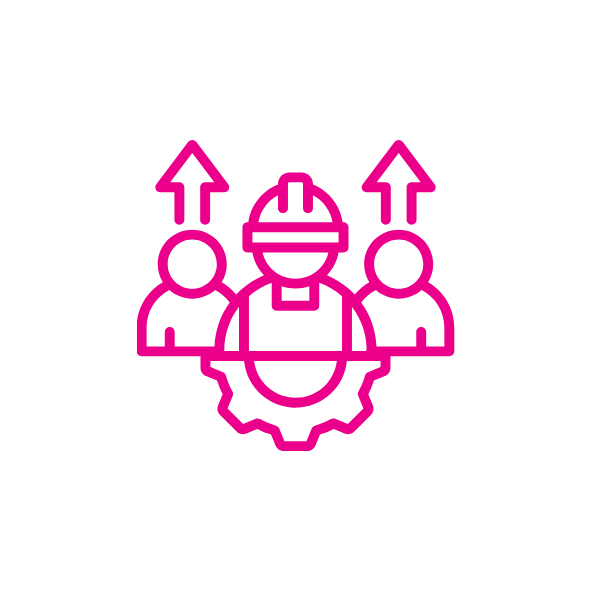 Icon of a worker with two people and upward arrows, representing team growth.