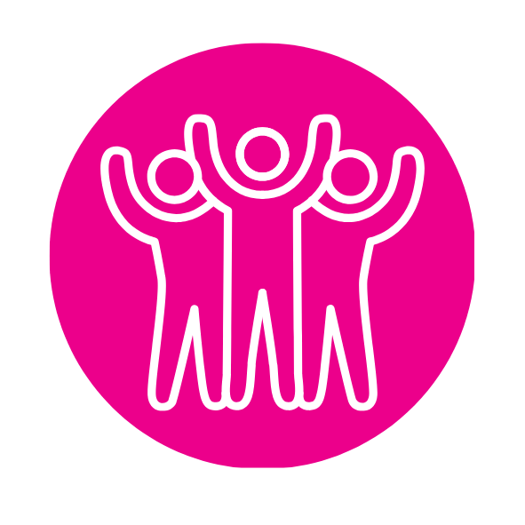 Icon of three people standing with raised arms, representing teamwork and collaboration.