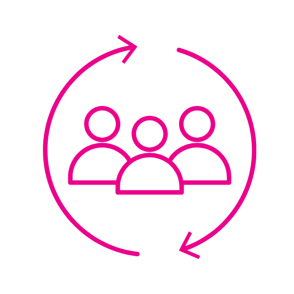 Icon of three people with circular arrows around them, representing teamwork and continuity.