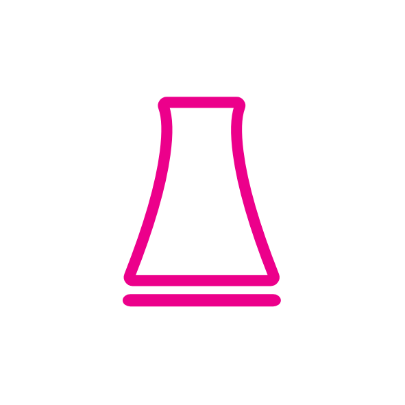 Icon of a cooling tower shape in a pink outline.