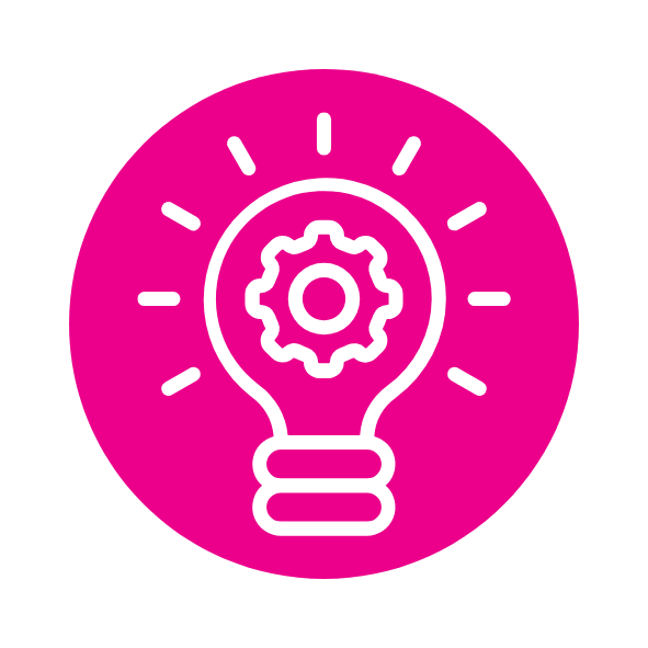 Icon of a lightbulb with a cog inside, representing ideas, innovation and solutions.