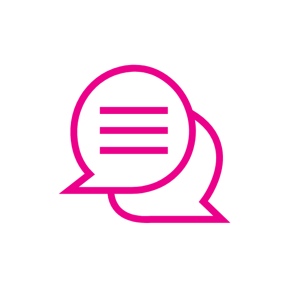 Icon of two overlapping speech bubbles with lines representing text inside.