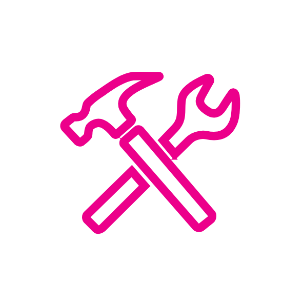 Icon of a hammer and wrench crossed, representing tools, repair and engineering work.
