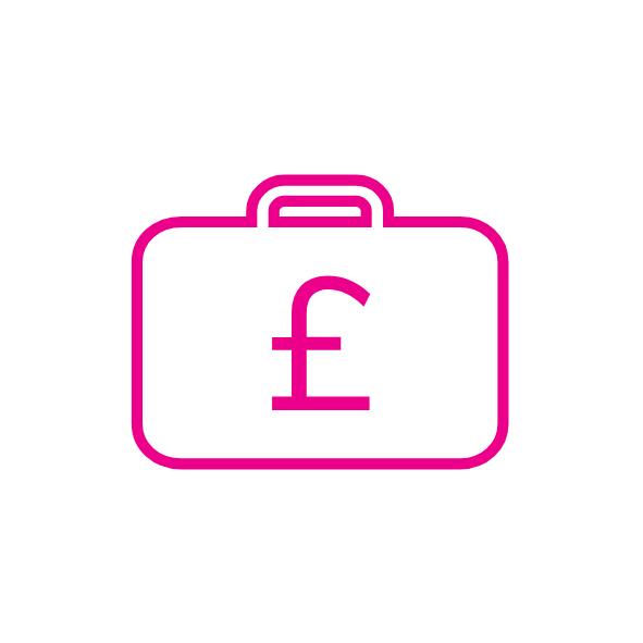 Icon of a briefcase with a pound symbol, representing finance, pay or salary.