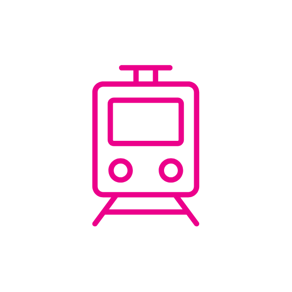 Icon of a train front view in a pink outline.