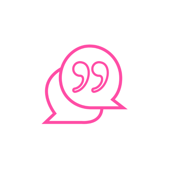 Icon of two overlapping speech bubbles with quotation marks in a pink outline.