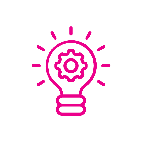 Icon of a lightbulb with a gear inside, representing ideas and technical solutions.
