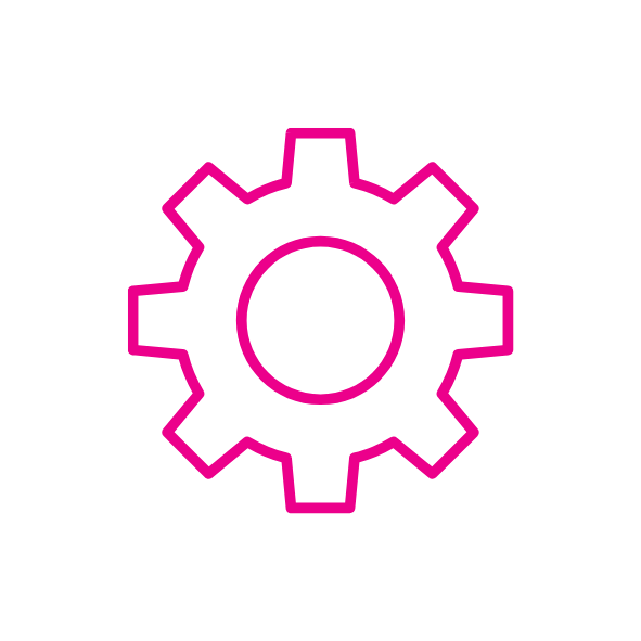 Icon of a cogwheel in a pink outline on a dark background.