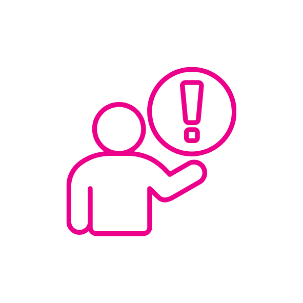 Icon of a person with a speech bubble containing an exclamation mark on a dark background.