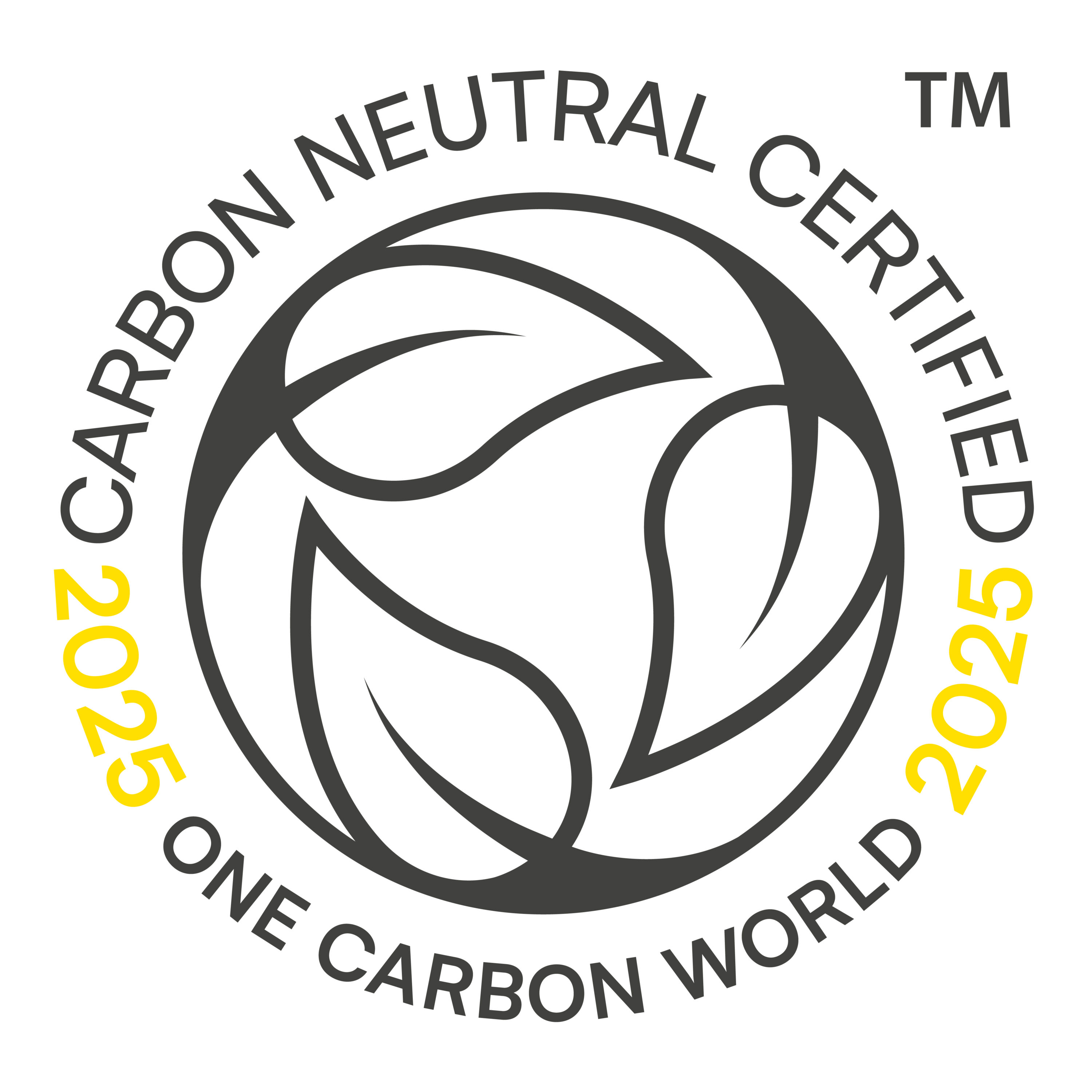 Badge reading Carbon Neutral Certified 2025 One Carbon World with circular leaf design.