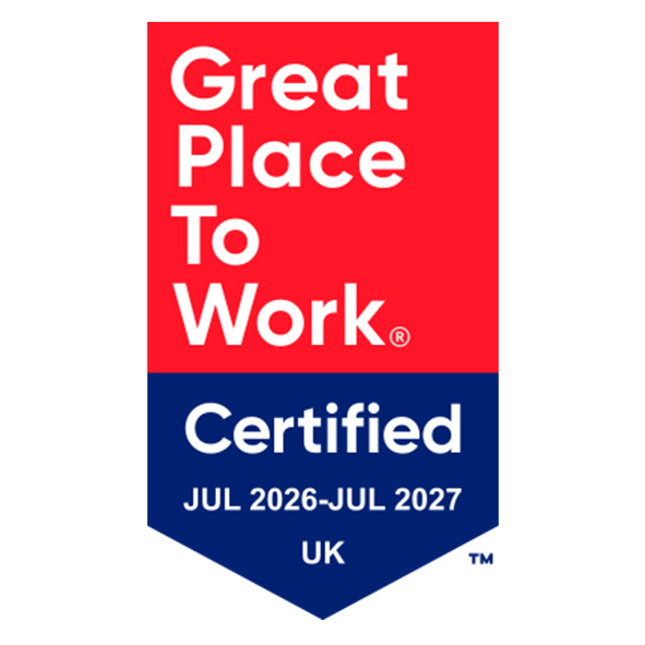Red and blue badge reading Great Place To Work Certified Jul 2024 to Jul 2025 UK.