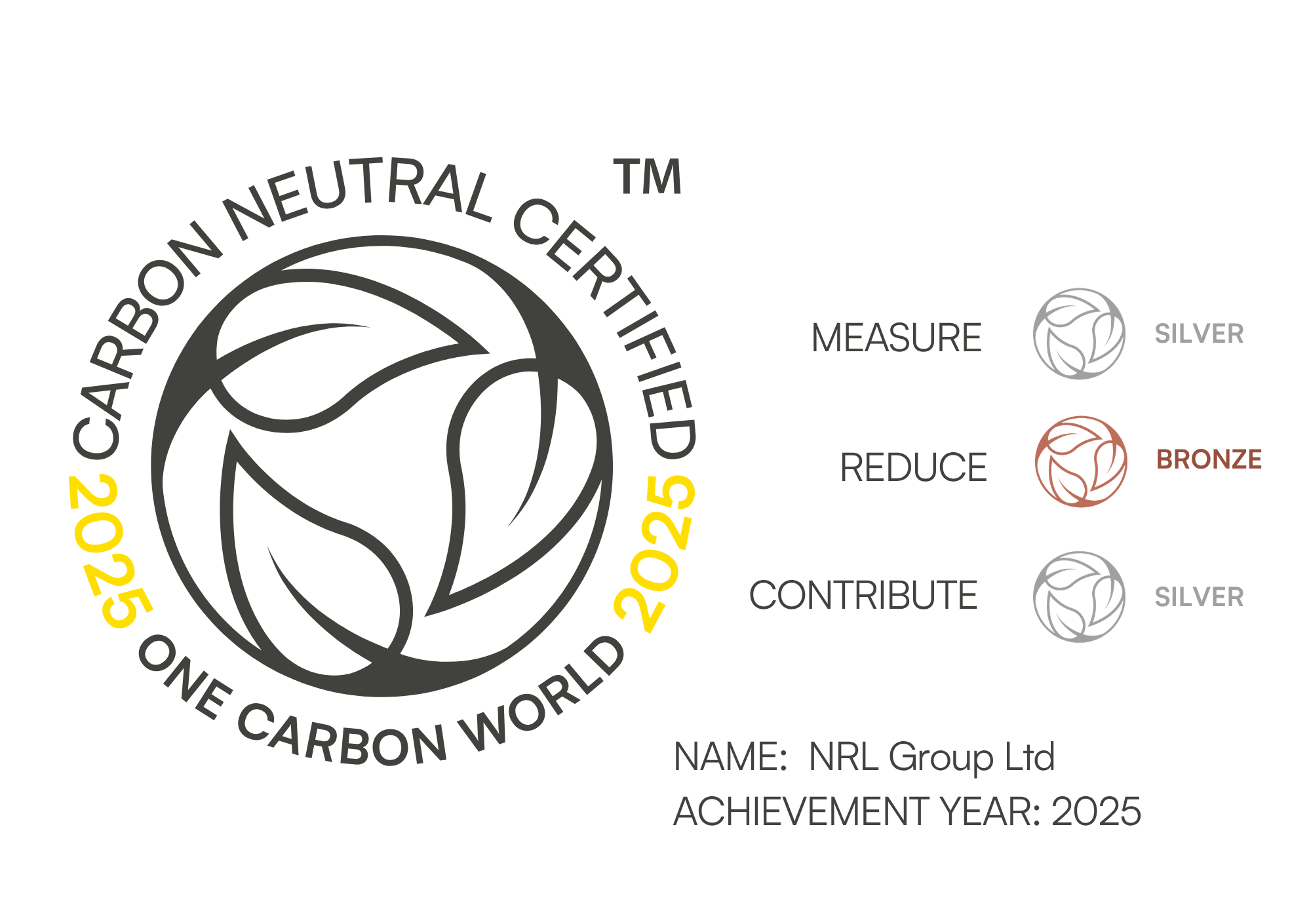Badge reading Carbon Neutral Certified 2025 One Carbon World with circular leaf design.