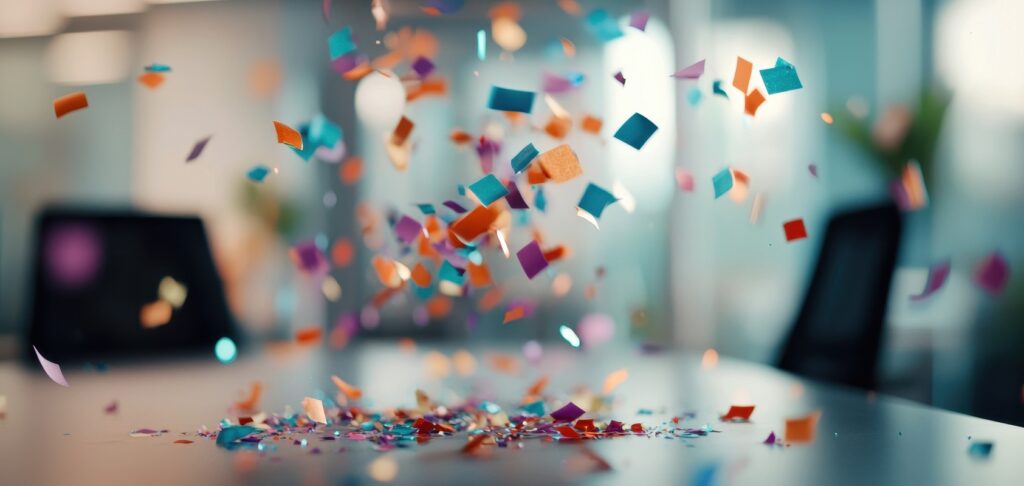 Colourful confetti falls over a table in an office setting with blurred desks in the background.
