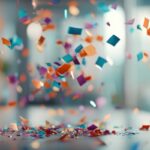 Colourful confetti falls over a table in an office setting with blurred desks in the background.