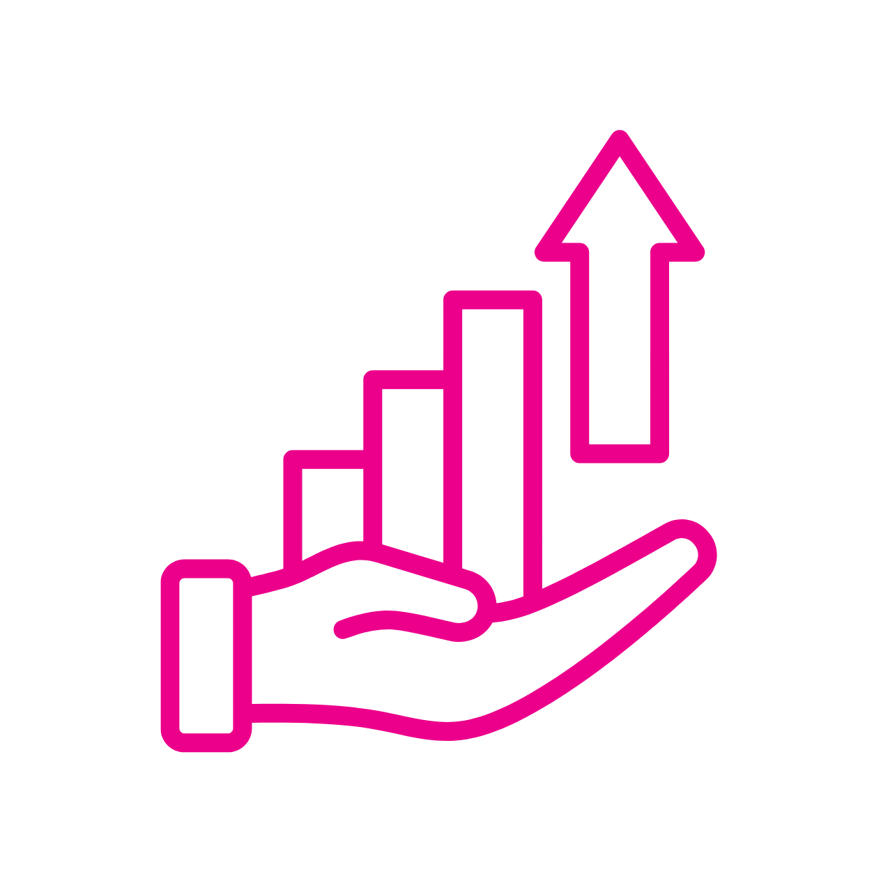 Hand supporting a rising bar chart and upward arrow, representing business growth.