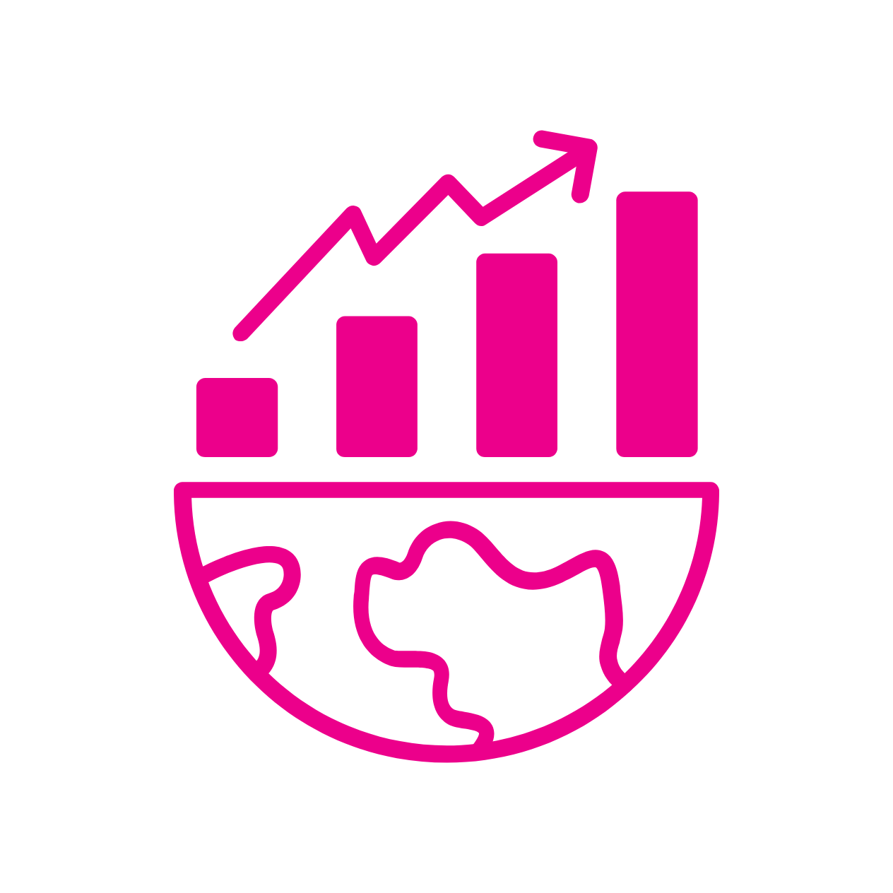 Rising bar chart and upward arrow above a globe, representing international growth.